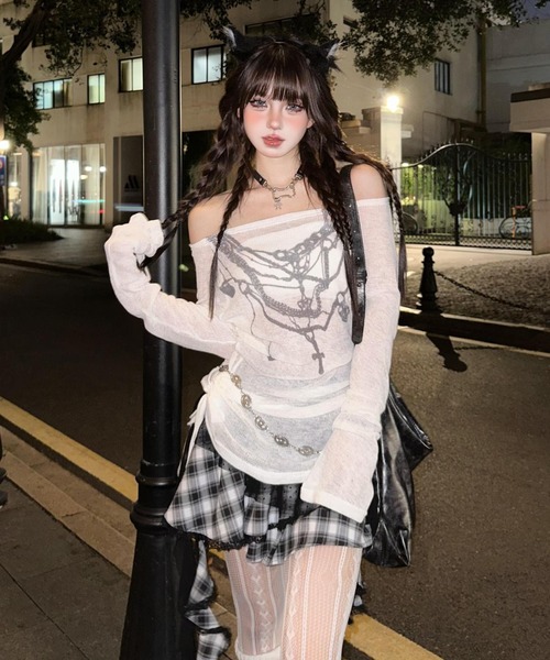 tシャツ シアーレイヤード プリントトップス レディース セール】シアーレイヤードプリント半袖Tシャツ（Tシャツ