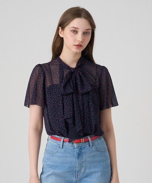 IENA ネイビー ドット柄 シフォンブラウス IENA フリル付きネイビー ドット シフォンブラウス - メルカリ