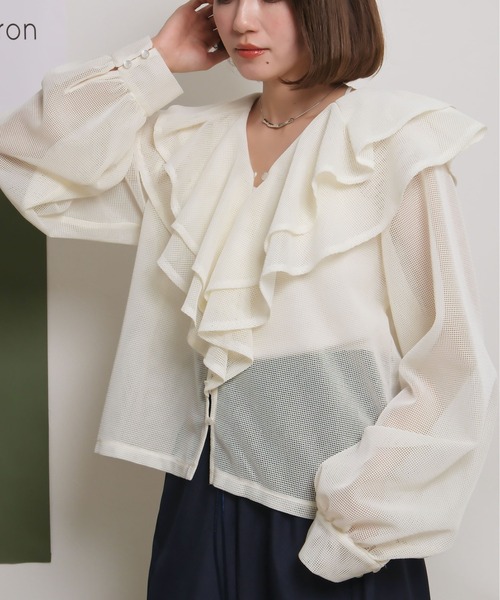 palm RICHE（ポームリシュ） ブラウス シャツ メッシュフリルブラウス
