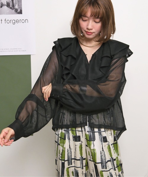 AD2024 25SS 新品未使用 メッシュフリルキュプラシャツ 黒 palm RICHE（ポームリシュ） ブラウス シャツ メッシュフリルブラウス