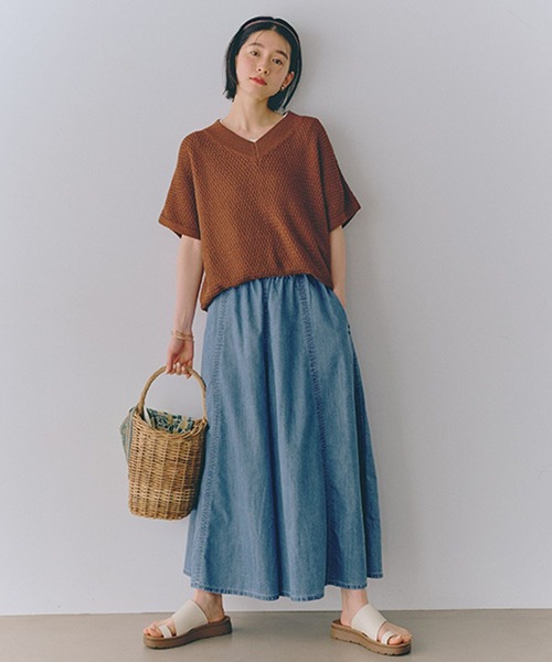ニット セーター 5G天竺フィルムクルーネックニットプルオーバー「手洗い可能」 レディース Aletta vita ニット プルオーバー 長袖 スリット レイヤード