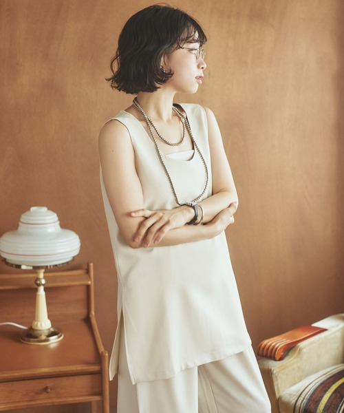 セットアップ side slit sleeveless set up /ソリッドカラーサイド