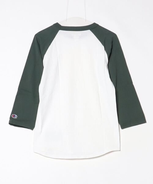 「Champion」 7分袖カットソー S ホワイト×グリーン レディース