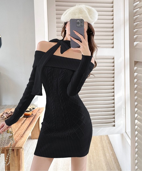 ワンピース オフショルダー ケーブル編み レーススリーブ ニット