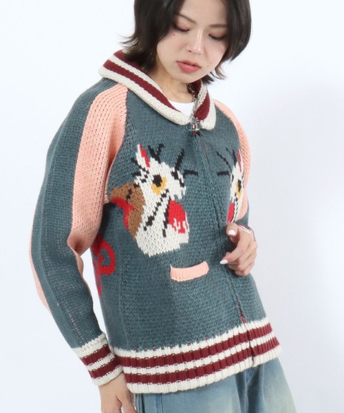 美品！HOUSTON スーベニアカウチンセーター ニット 猫／スカジャン CAT HOUSTON（ヒューストン） カーディガン SOUVENIA COWCHIN SWETER（CAT