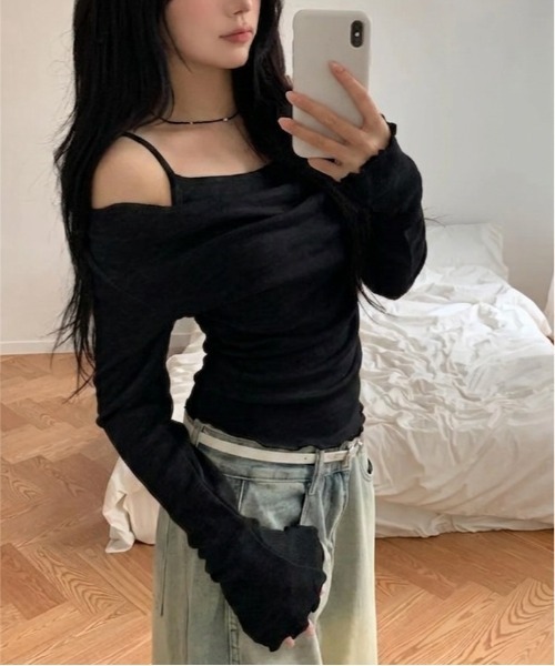 tシャツ キャミソールレイヤード風 オフショルダー トップス 