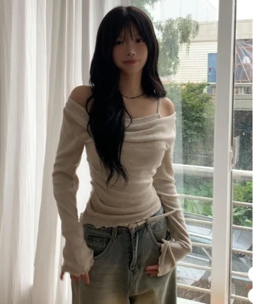 tシャツ キャミソールレイヤード風 オフショルダー トップス