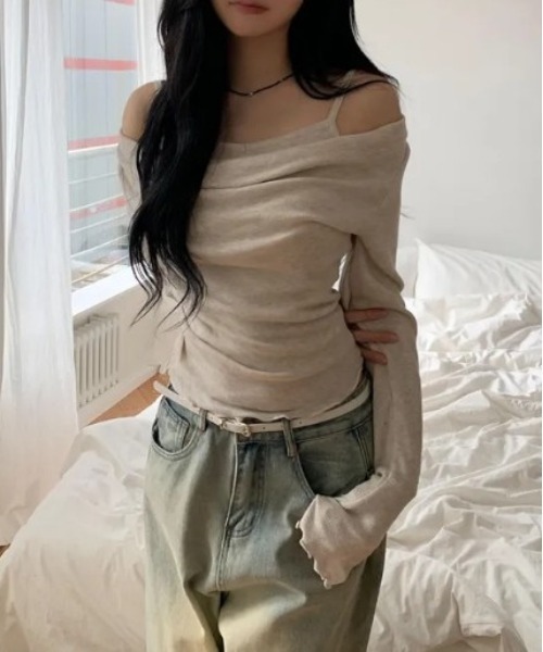 tシャツ キャミソールレイヤード風 オフショルダー トップス