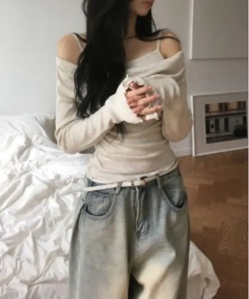 tシャツ キャミソールレイヤード風 オフショルダー トップス