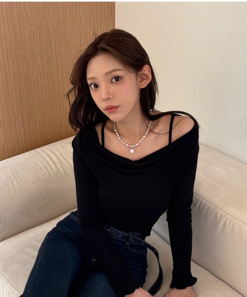 tシャツ キャミソールレイヤード風 オフショルダー トップス
