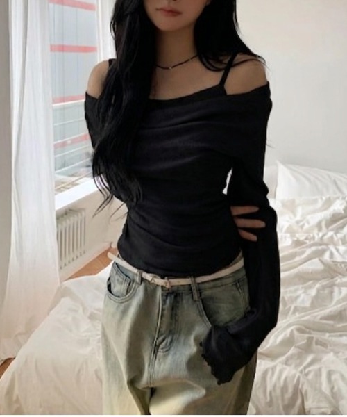 tシャツ キャミソールレイヤード風 オフショルダー トップス