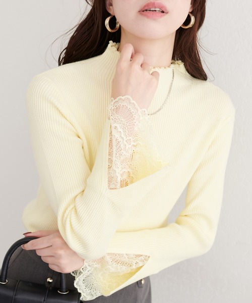natural couture ニット セーター 袖口レースもちもちリブタートル