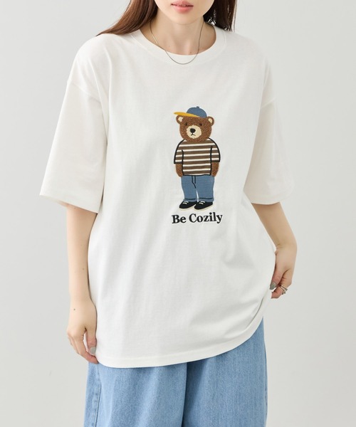 tシャツ クマモチーフ サガラ刺繍＆アップリケ クルーネック 半袖T