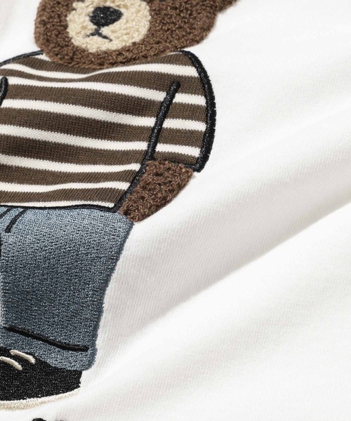 tシャツ クマモチーフ サガラ刺繍＆アップリケ クルーネック 半袖T