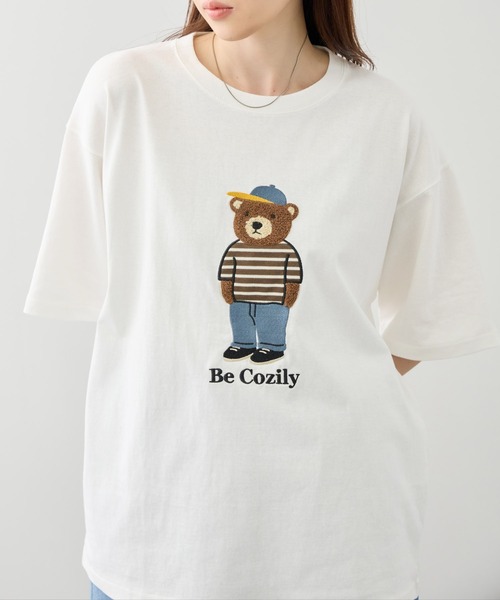tシャツ クマモチーフ サガラ刺繍＆アップリケ クルーネック 半袖T