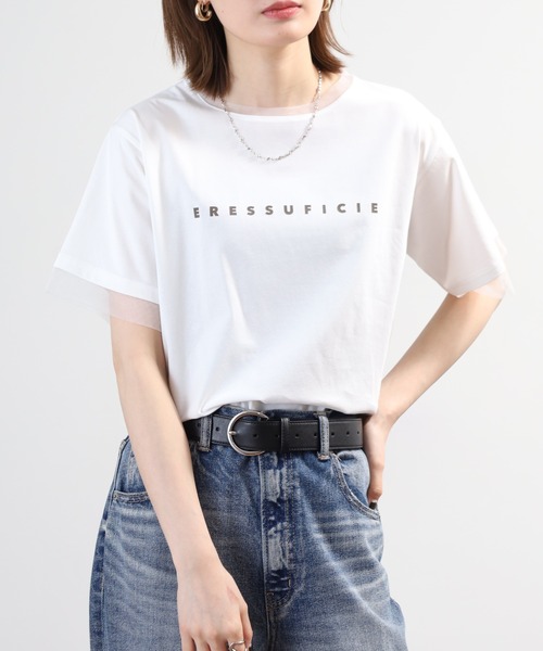 tシャツ 半袖 A.N.L チュール使いシンプルロゴ半袖Tシャツ レディース
