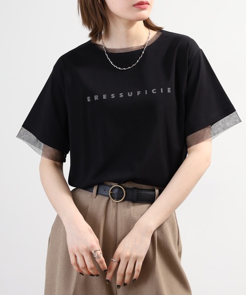 tシャツ 半袖 A.N.L チュール使いシンプルロゴ半袖Tシャツ レディース