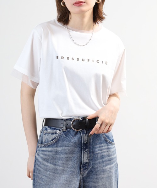 tシャツ 半袖 A.N.L チュール使いシンプルロゴ半袖Tシャツ レディース