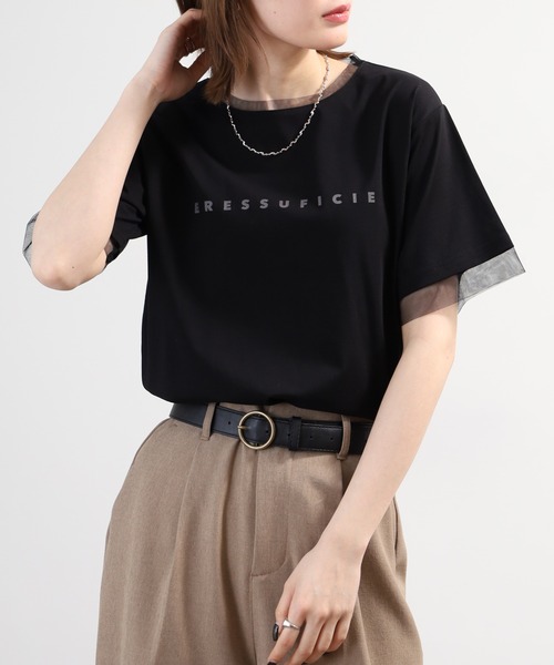 tシャツ 半袖 A.N.L チュール使いシンプルロゴ半袖Tシャツ レディース