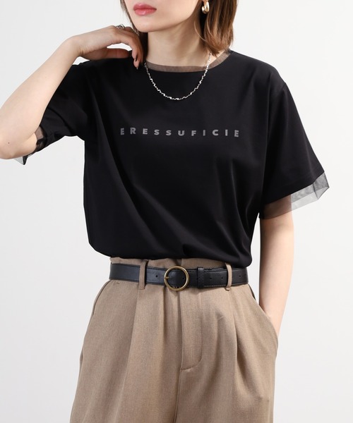 tシャツ 半袖 A.N.L チュール使いシンプルロゴ半袖Tシャツ レディース