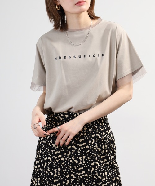 tシャツ 半袖 A.N.L チュール使いシンプルロゴ半袖Tシャツ レディース