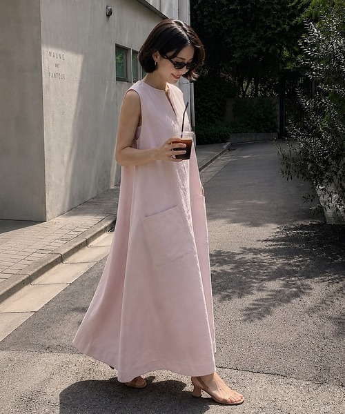 ワンピース リネンライク Vネックフレアロングワンピース : ZOZOTOWN