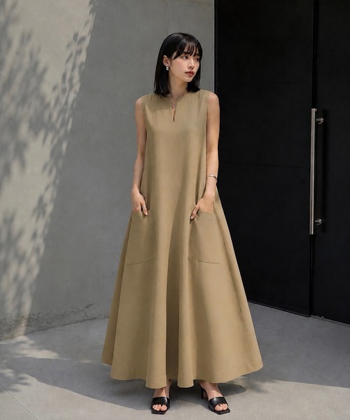 ワンピース リネンライク Vネックフレアロングワンピース : ZOZOTOWN