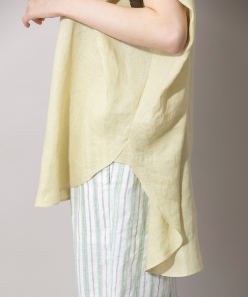 146t*美品 120%lino リネン フレンチスリーブ オープンカラーシャツ Munich シャツ ブラウス 60sライトフレンチリネンバンドカラー