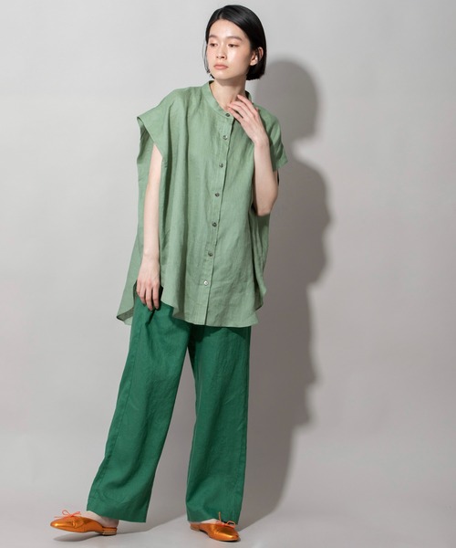146t*美品 120%lino リネン フレンチスリーブ オープンカラーシャツ Munich シャツ ブラウス 60sライトフレンチリネンバンドカラー