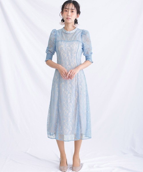 atlo お呼ばれドレス atlo（アトロ） ドレス ロング＆七分袖フォーマルドットチュール