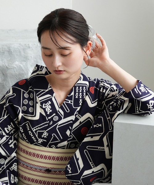 utatane 浴衣 手染め注染浴衣3点セット utatane×注染工房 紺地の麻雀牌