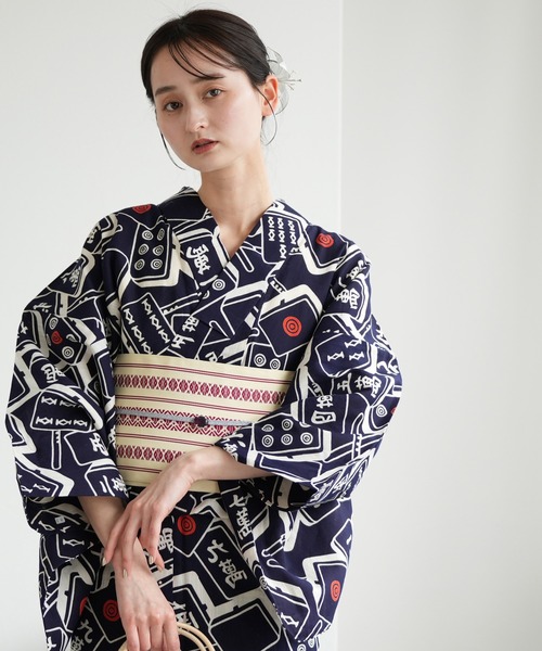 utatane 浴衣 手染め注染浴衣3点セット utatane×注染工房 紺地の麻雀牌