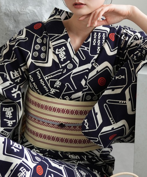 utatane 浴衣 手染め注染浴衣3点セット utatane×注染工房 紺地の麻雀牌