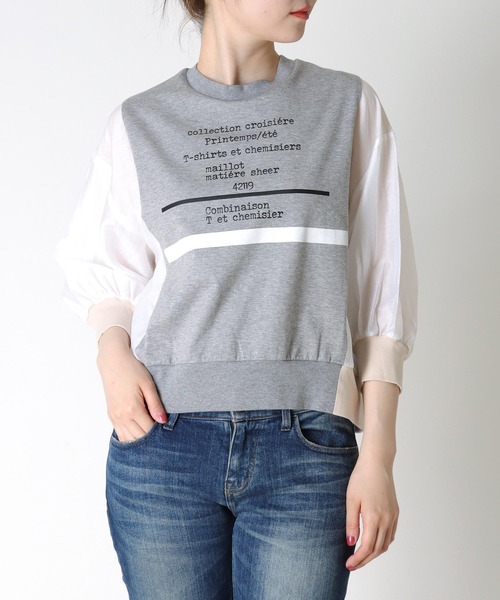 tシャツ 袖ドッキングメッセージロゴカットソー レディース