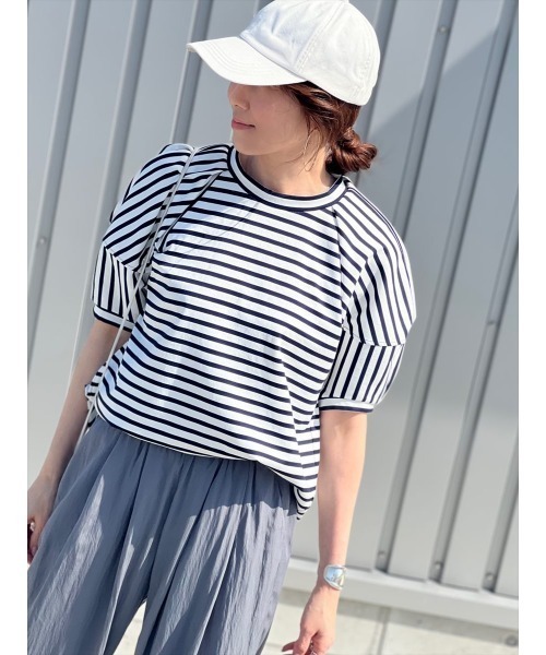 tシャツ バルーン切り替えカットソー レディース Day and Grade tシャツ Tシャツ バルーン袖 ボーダーカットソー