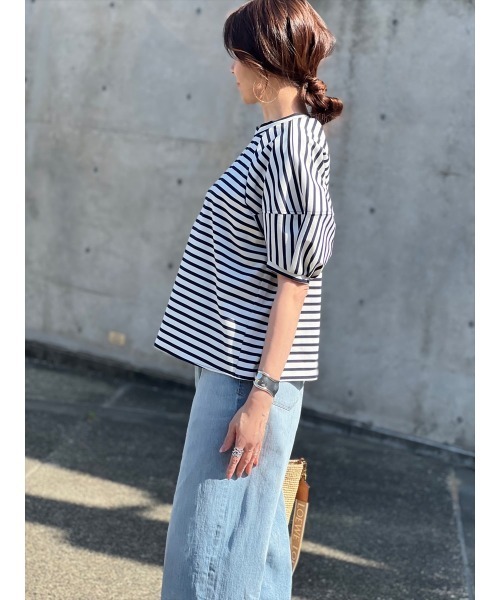tシャツ バルーン切り替えカットソー レディース Day and Grade tシャツ Tシャツ バルーン袖 ボーダーカットソー
