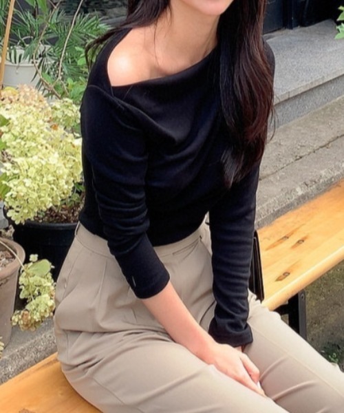 tシャツ ビッグカラー オフショルダー Tシャツ レディース ❁GRL ビッグカラーオフショルダーニットトップス[dr616