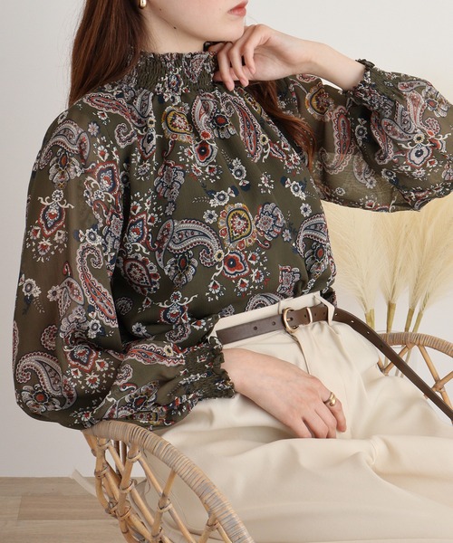 ブラウス シャツ BRODIAEA ペイズリー柄シフォンプルオーバー レディース