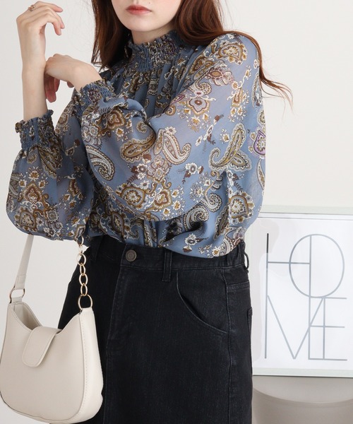 ブラウス シャツ BRODIAEA ペイズリー柄シフォンプルオーバー