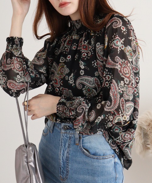 ブラウス シャツ BRODIAEA ペイズリー柄シフォンプルオーバー
