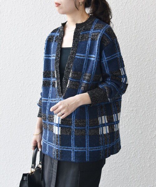 【美品】サンハウス　SUNHOUSE　ギンガムチェック　ニットジャケットネイビー M,L】S14.メンズシングルジャケット/ギンガムチェック（ブルー