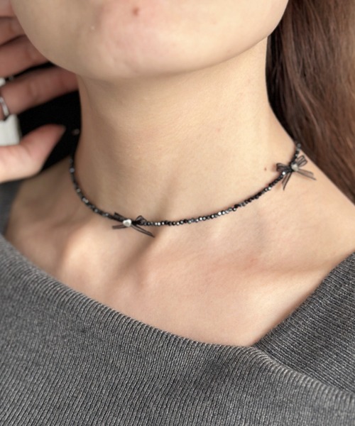 sowang チョーカー 4色展開/シアーリボンビーズチョーカーネックレス