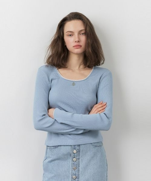 tシャツ V-NECK LACE SQUARE NECK LONG SLEEVE T-SHIRT レディース