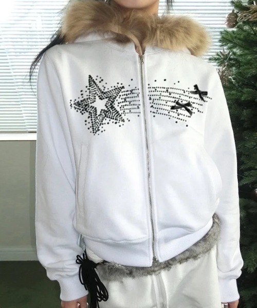 DIAVEL パーカー 韓国風スタープリントファーパーカー／ふわもこフード