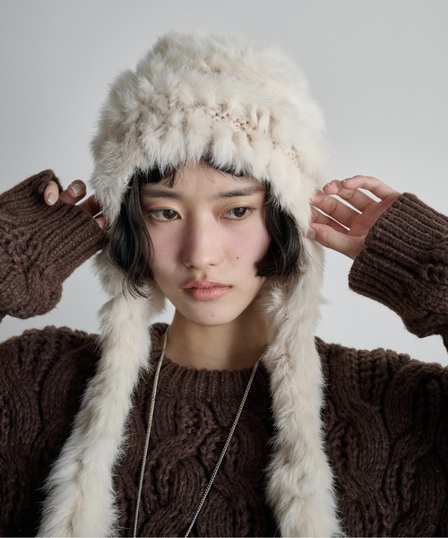 John galliano ラビットファー ニット帽 ニュースペーパー ビーニー THE Yon ニット帽 ニットキャップ ラビットファー編み込みニット
