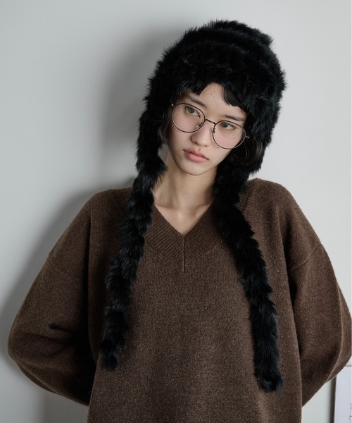 THE Yon ニット帽 ニットキャップ ラビットファー編み込みニット