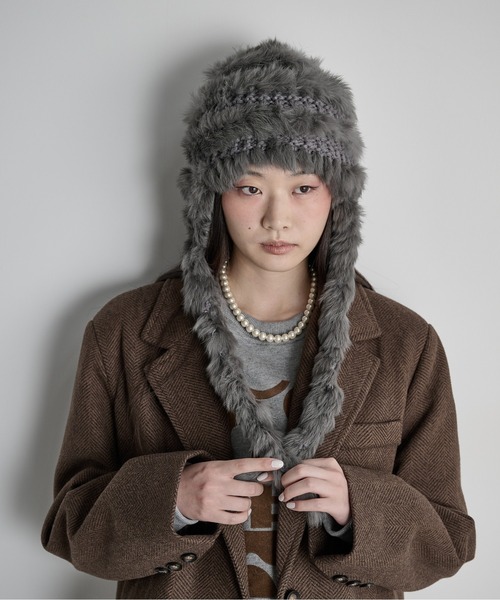 THE Yon ニット帽 ニットキャップ ラビットファー編み込みニット