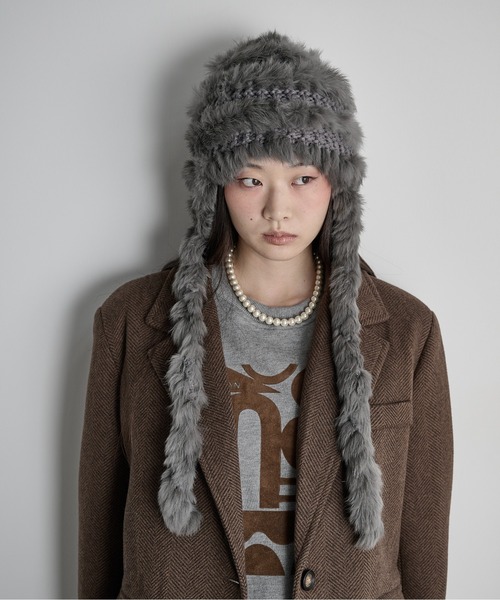 THE Yon ニット帽 ニットキャップ ラビットファー編み込みニット