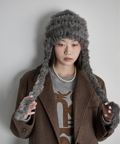 THE Yon ニット帽 ニットキャップ ラビットファー編み込みニット