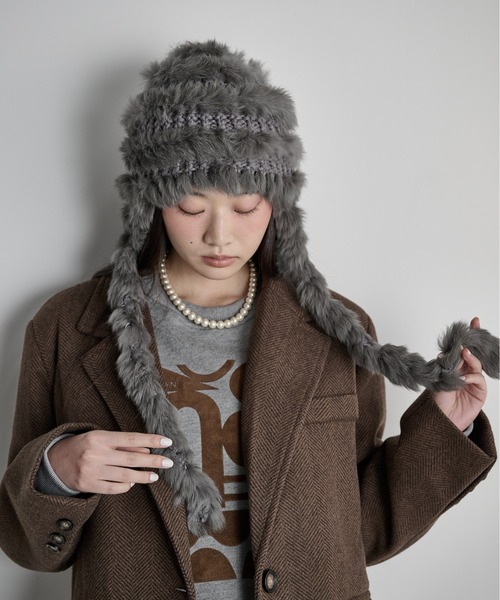 VENICEW グレー Pigtail ビーニー ニット帽 編み込み THE Yon ニット帽 ニットキャップ ラビットファー編み込みニット